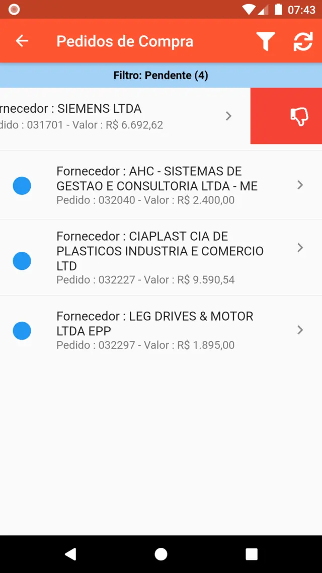 Pedido de compra deslizado para a esquerda, exibindo a ação de rejeitar