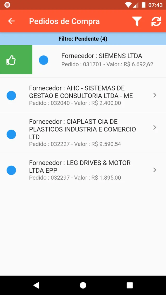 Pedido de compra deslizado para a direita, exibindo a ação de aprovar