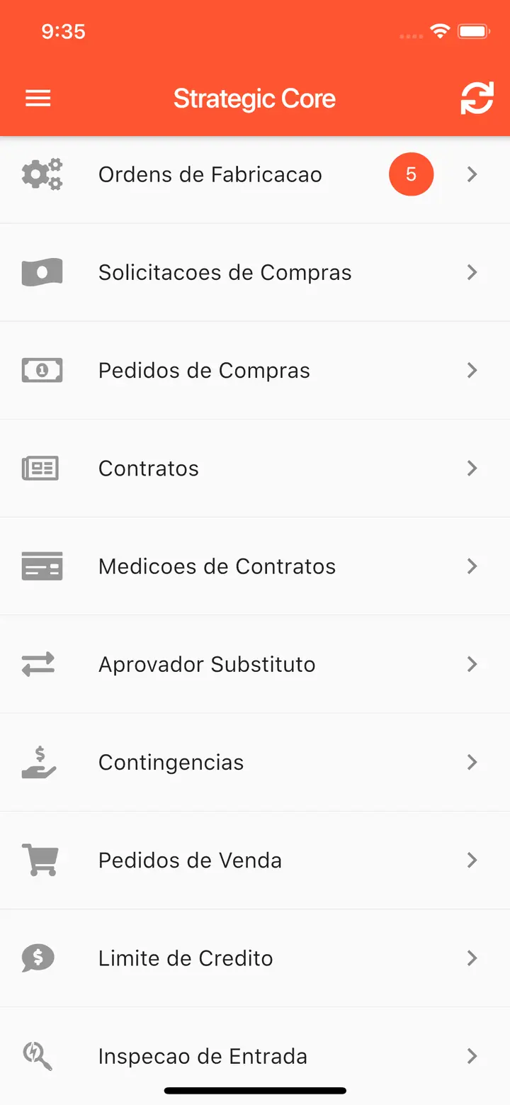 Tela inicial do Strategic Core no iPhone com a lista de documentos para liberação