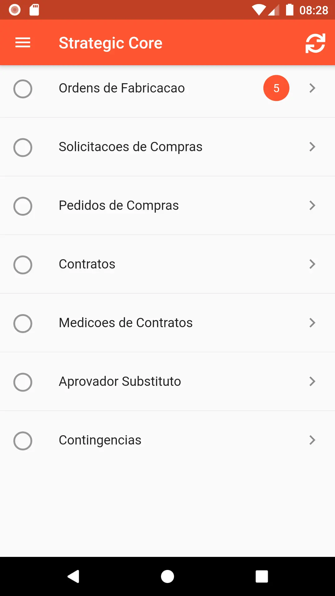 Menu com os tipos de documentos para liberação
