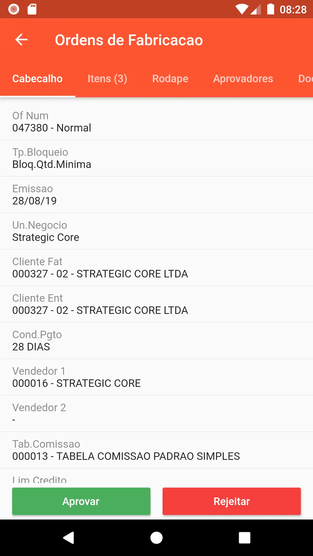 Cabeçalho de uma ordem de fabricação